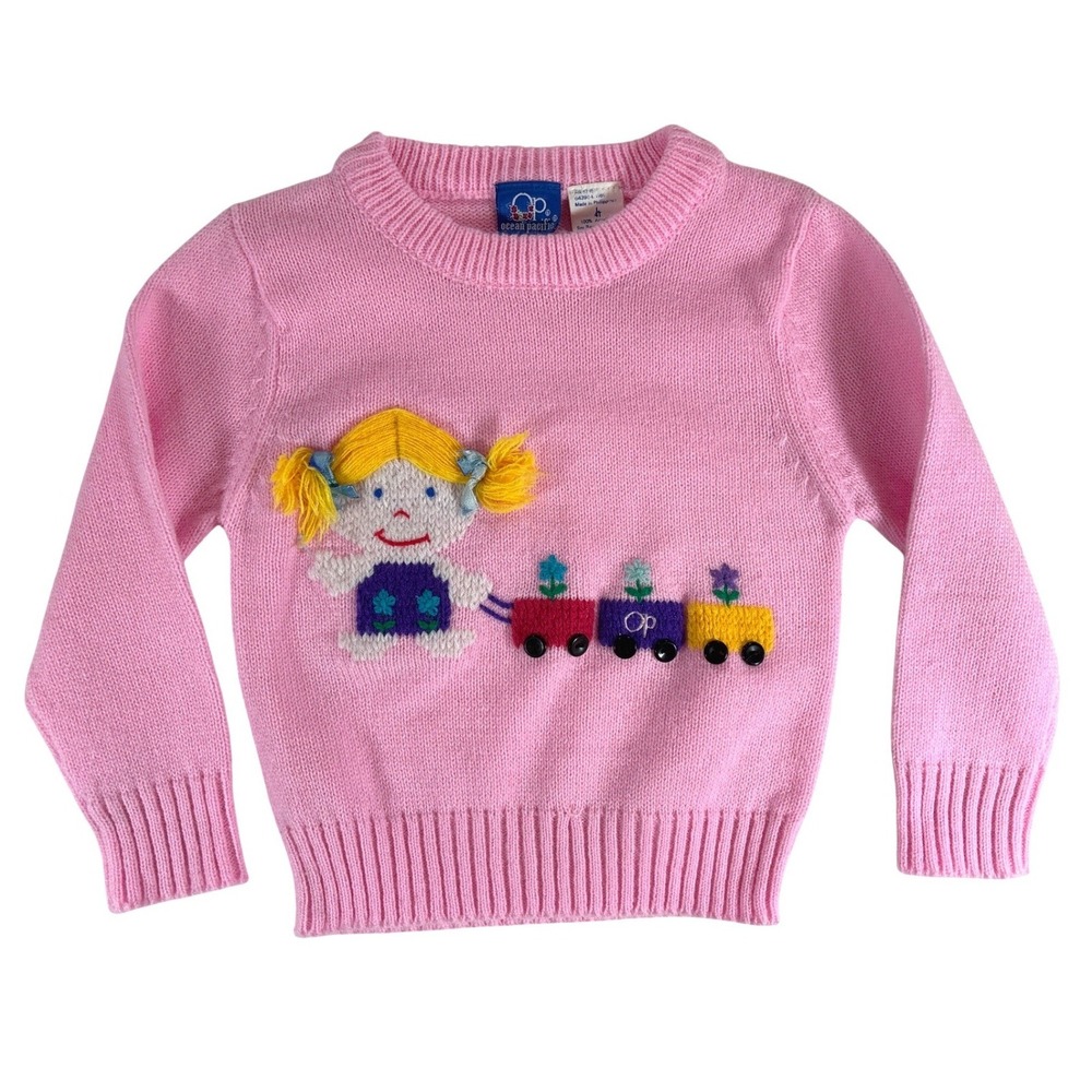 Vintage Ocean Pacific OP Pink Sweater Girl Wagon Train 4T Acrylic RN57451